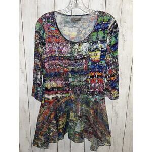 Lynn Ritchie Silver Top Multicolor Abstract 3/4 Sleeve Small Handkerchief Hem